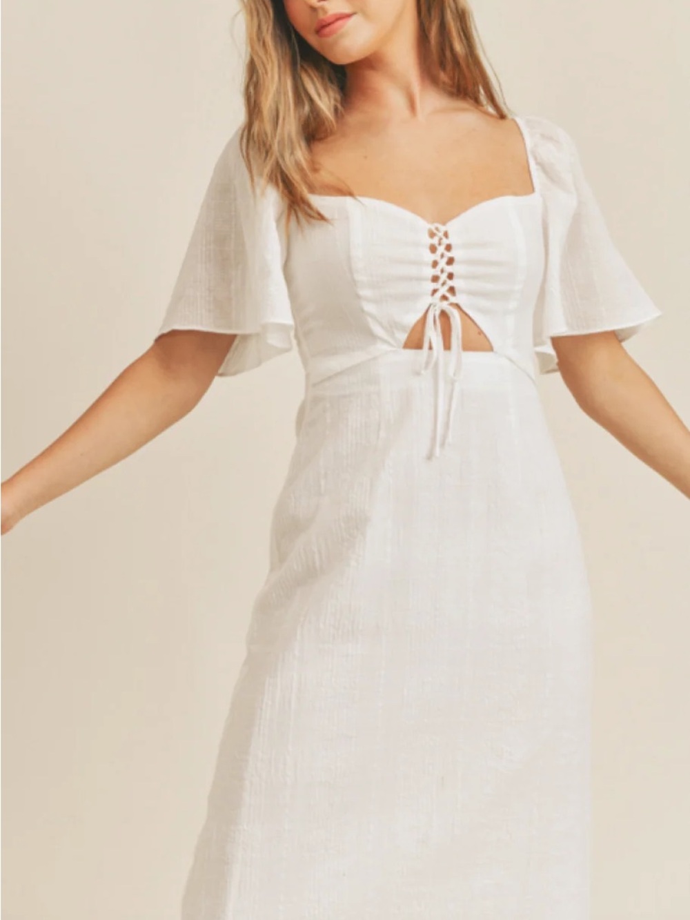 Lush White Lace-Up Midi Dress with Flutter Sleeves